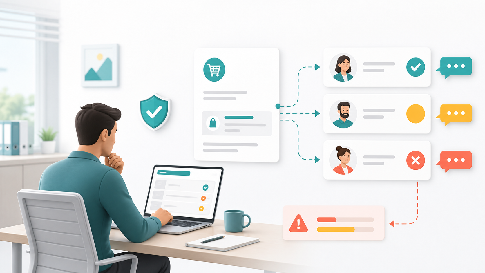 Illustration of an approver reviewing routed requests with approve, comment, and exception states