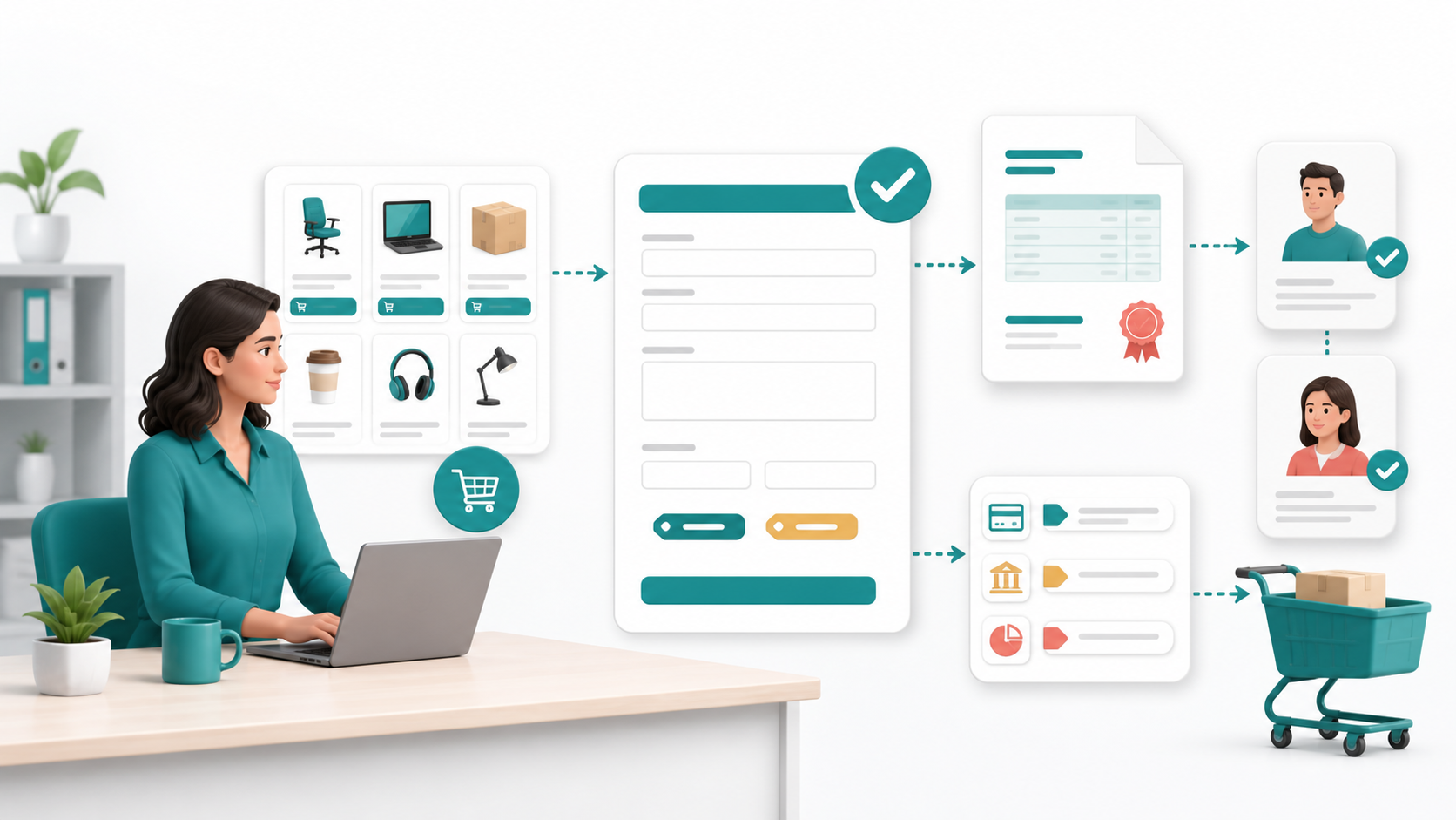 Illustration of an employee creating a purchase request with catalog, cart, approval, and accounting panels