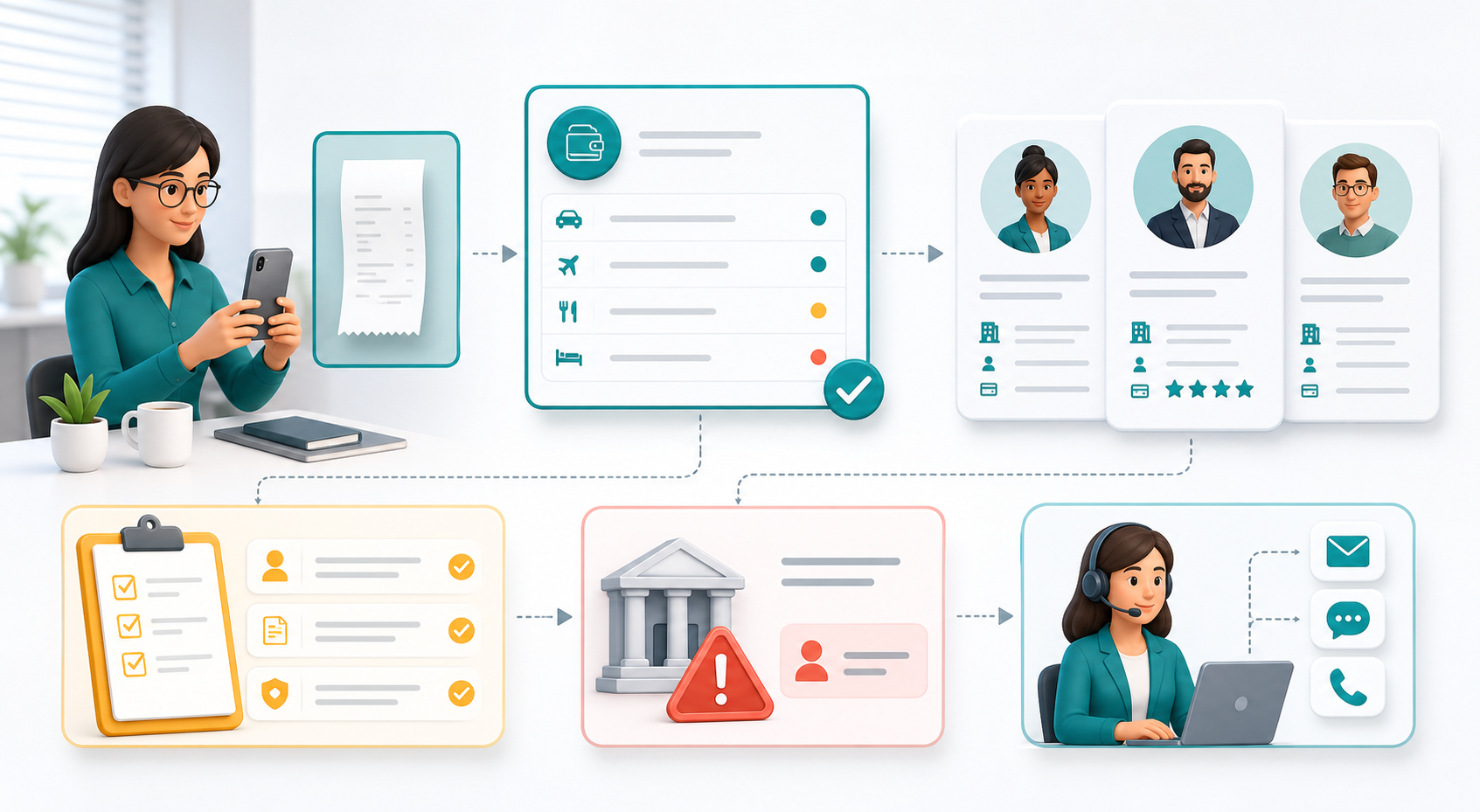 Illustration of receipt capture, expense report review, supplier profile cards, onboarding, and support routing