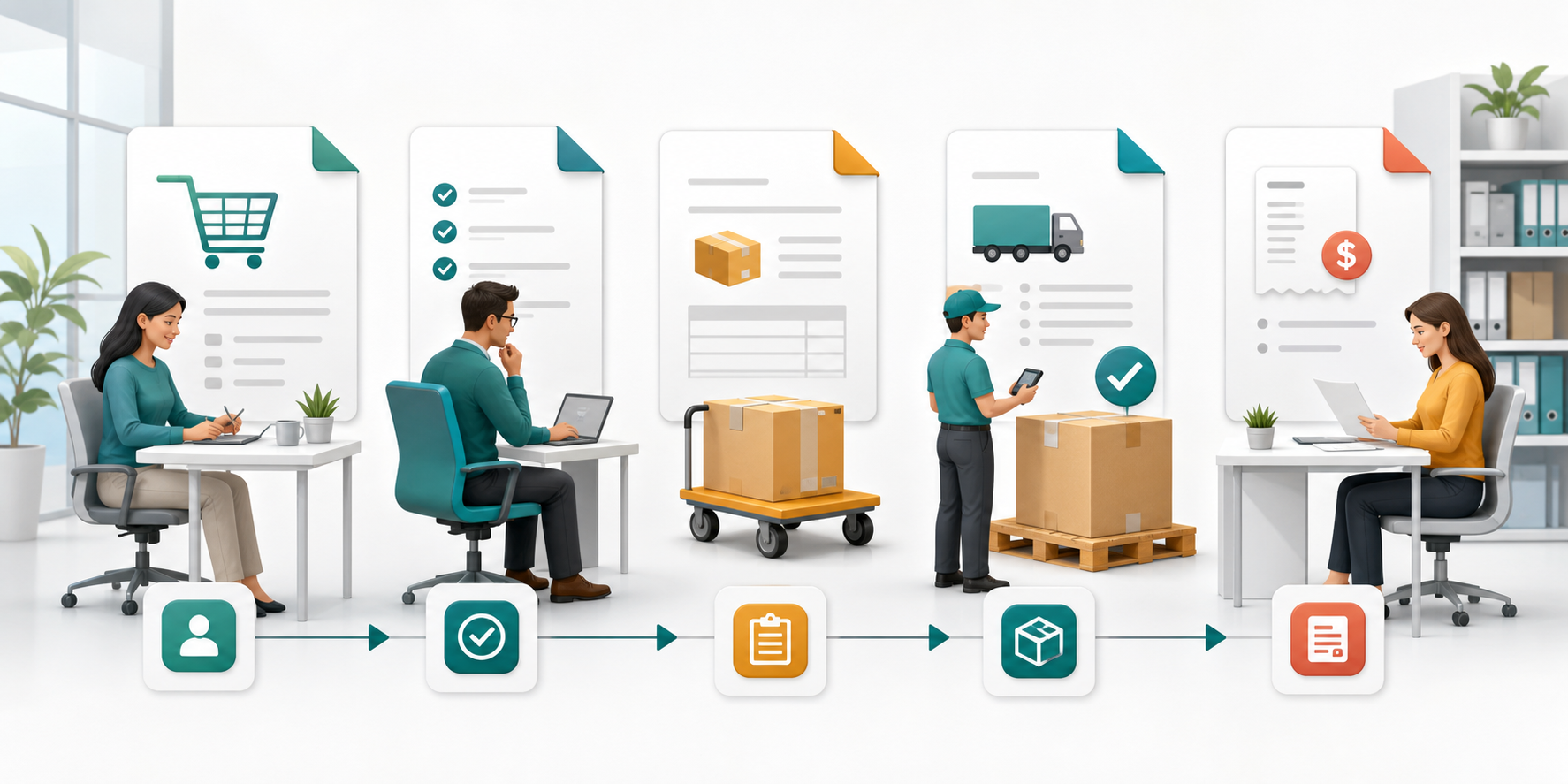 Illustration of a request, approval, purchase order, receiving, and invoice workflow