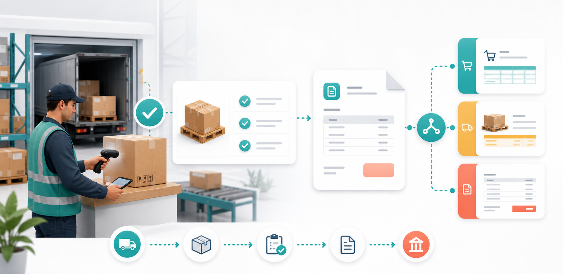 Illustration of a receiver scanning delivered goods and matching receipt, purchase order, and invoice documents