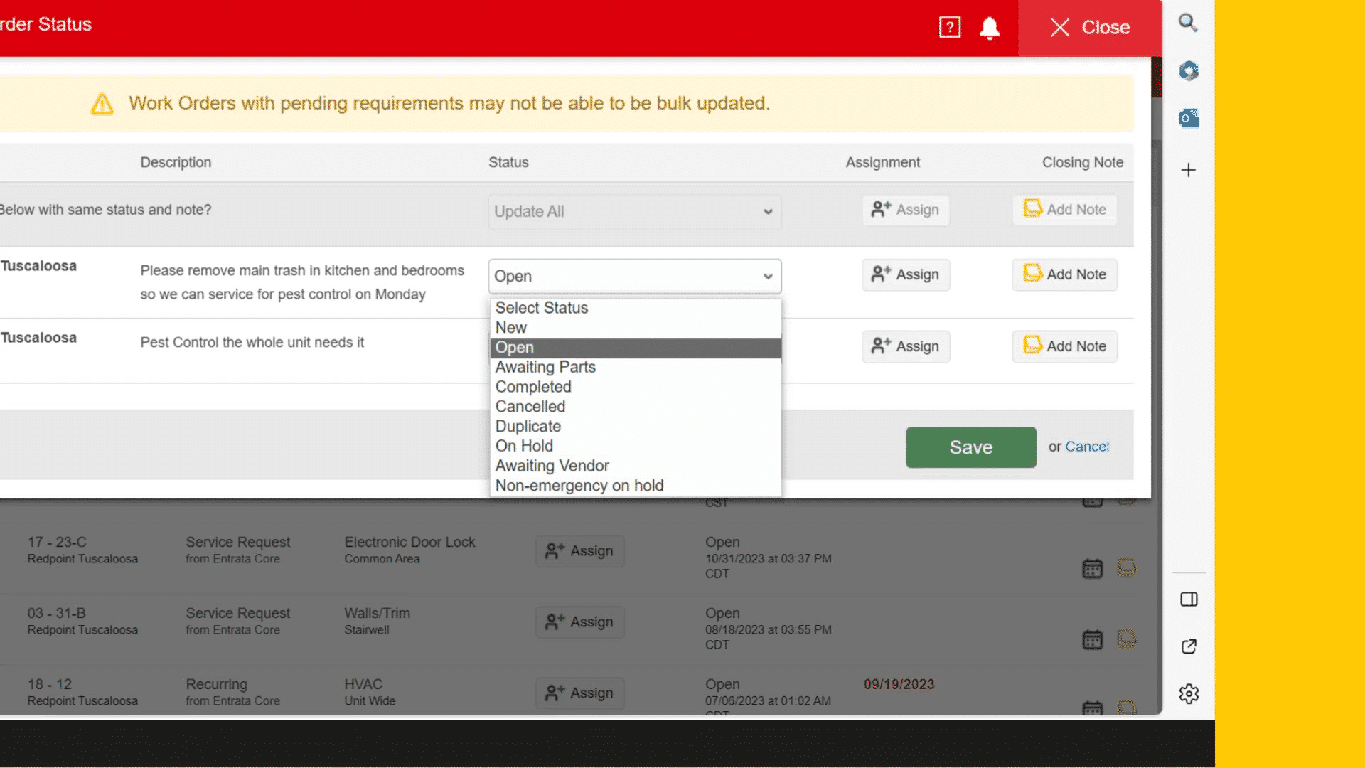 Entrata updating work order training screenshot