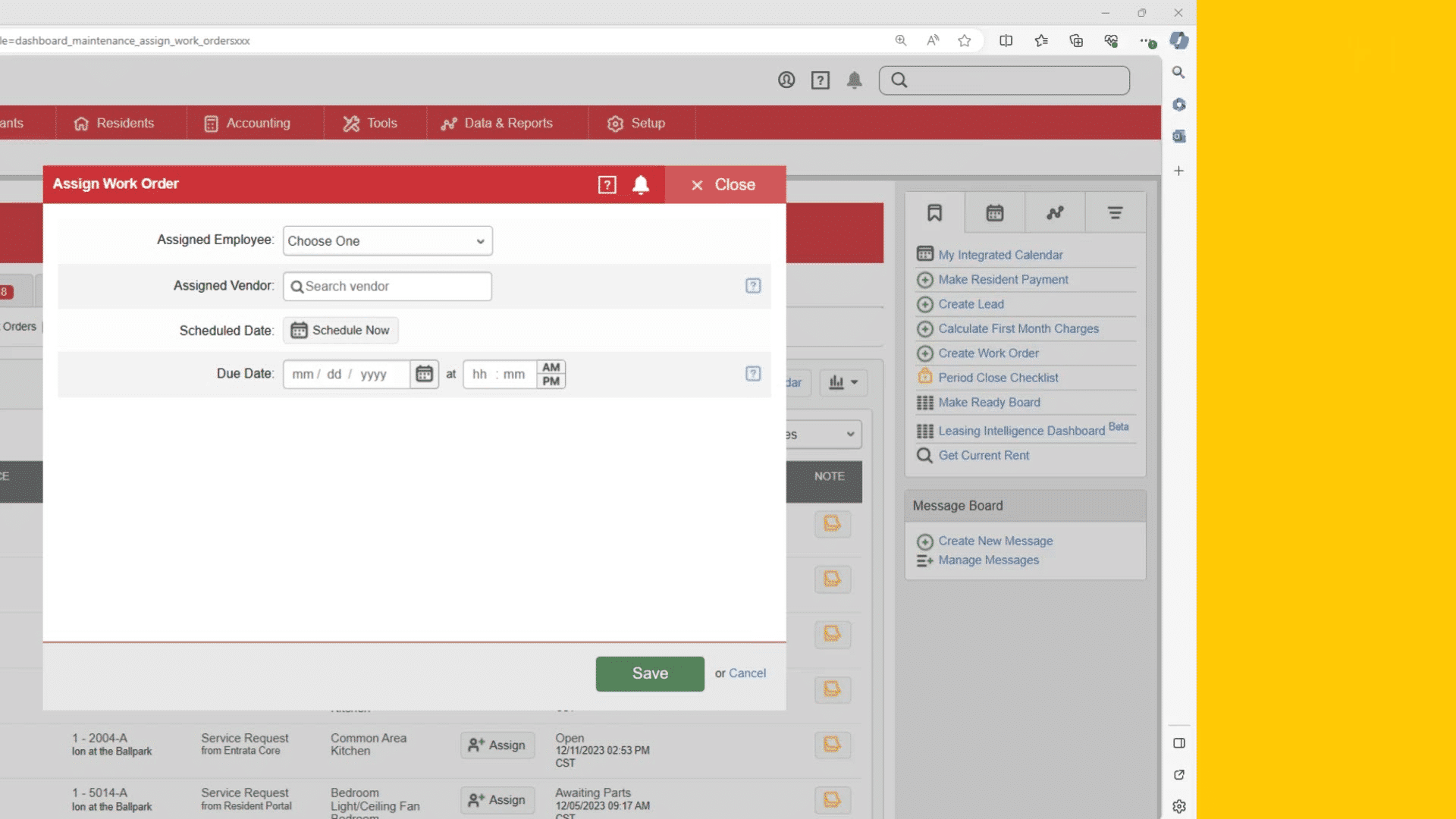 Entrata work order assignment training screenshot