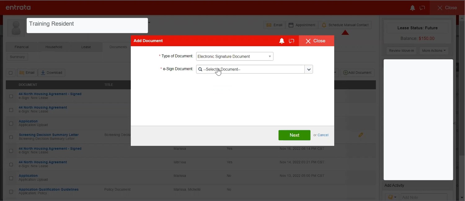 Sanitized Entrata screenshot of the Add Document modal for e-sign documents
