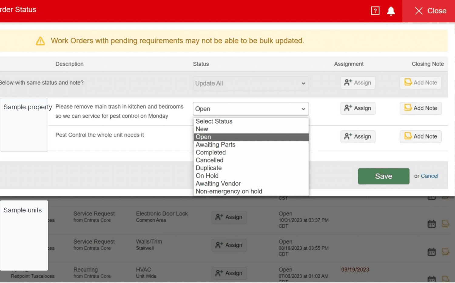 Sanitized Entrata screenshot of bulk work order status update options