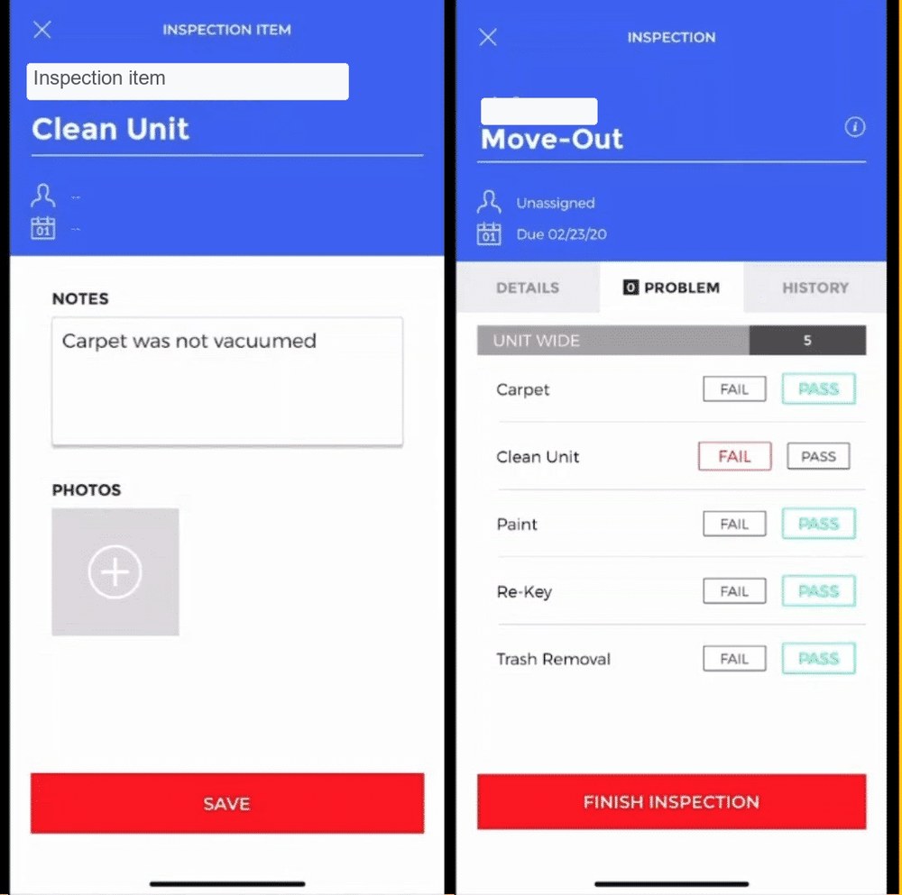 Sanitized Entrata mobile inspection screenshots with pass fail options and photo upload
