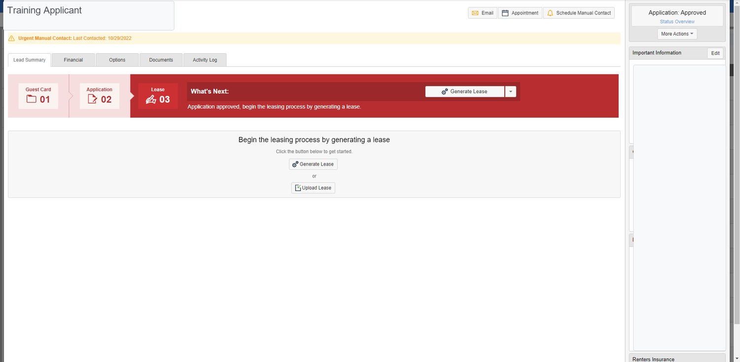 Sanitized Entrata screenshot showing an approved application ready for lease generation