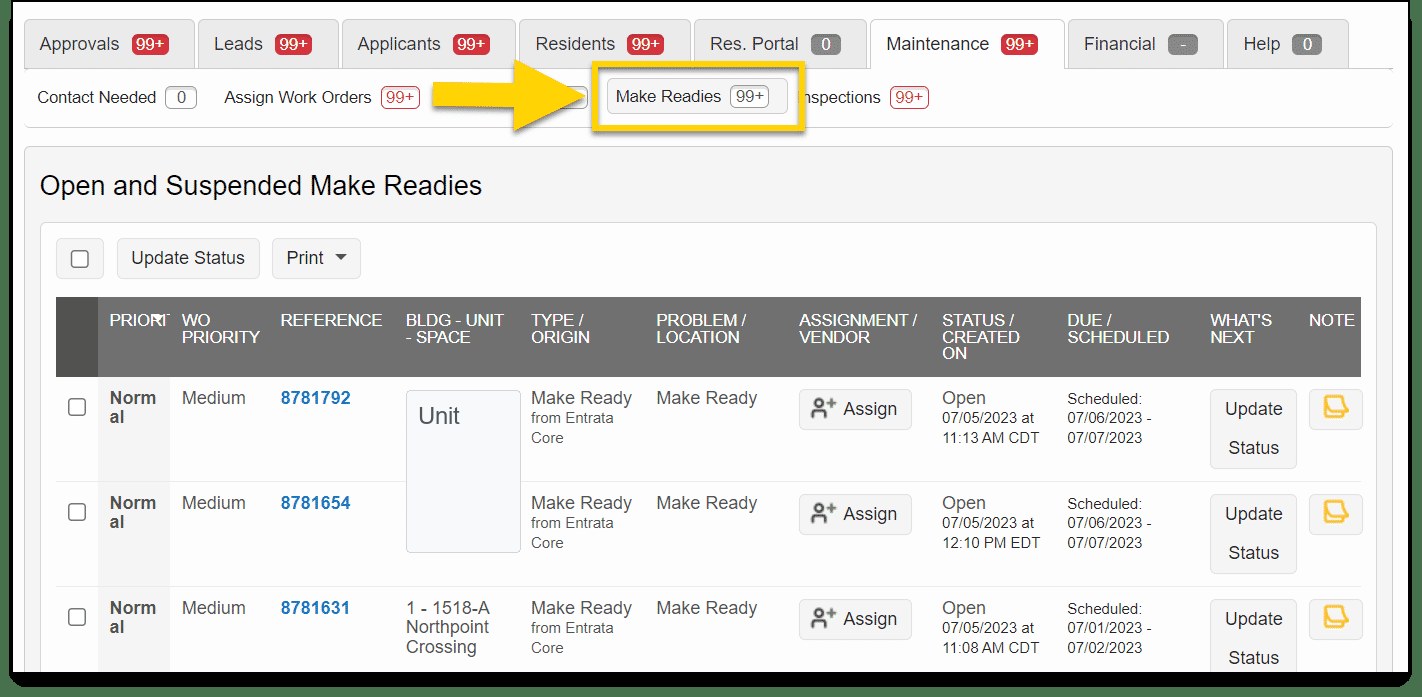Sanitized Entrata screenshot of the Make Ready work order queue