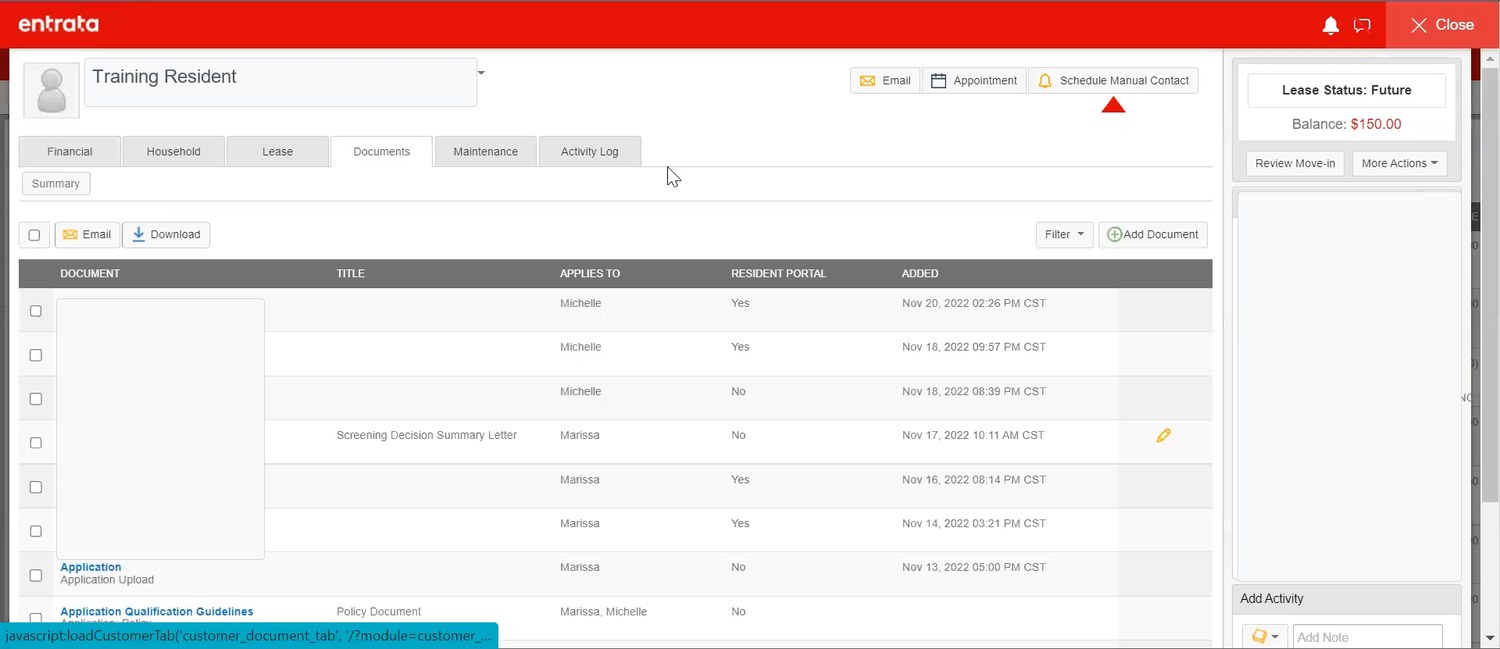 Sanitized Entrata screenshot of the resident Documents tab with document rows