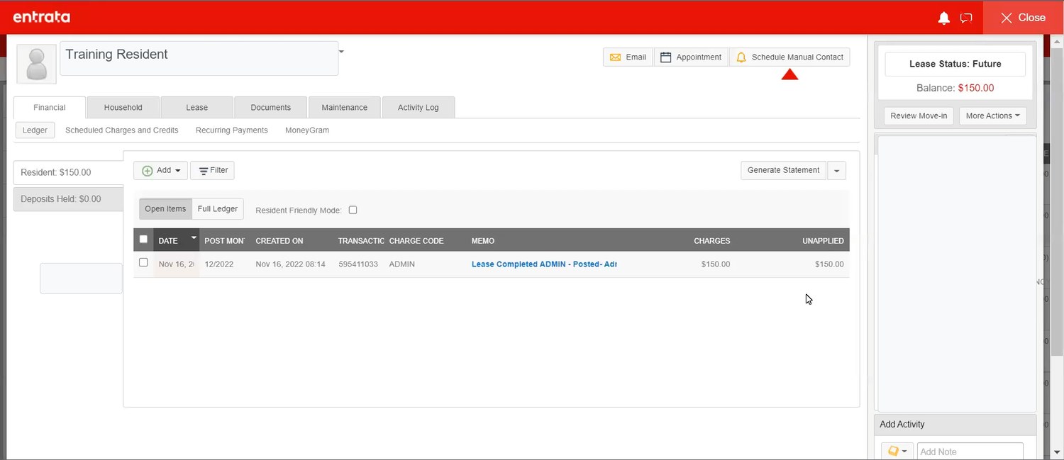 Sanitized Entrata screenshot of a resident financial ledger