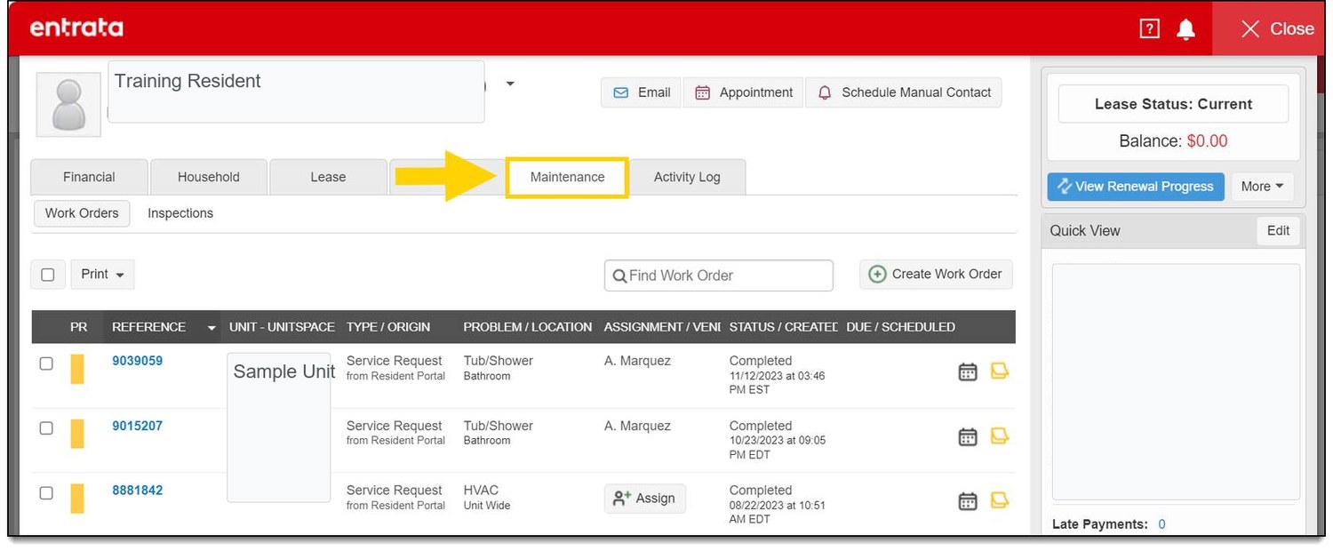 Sanitized Entrata screenshot showing the resident profile Maintenance tab and work order list