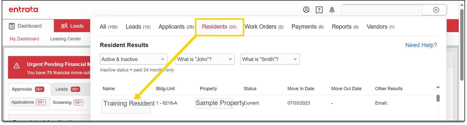 Sanitized Entrata screenshot showing global search results with the Residents tab selected