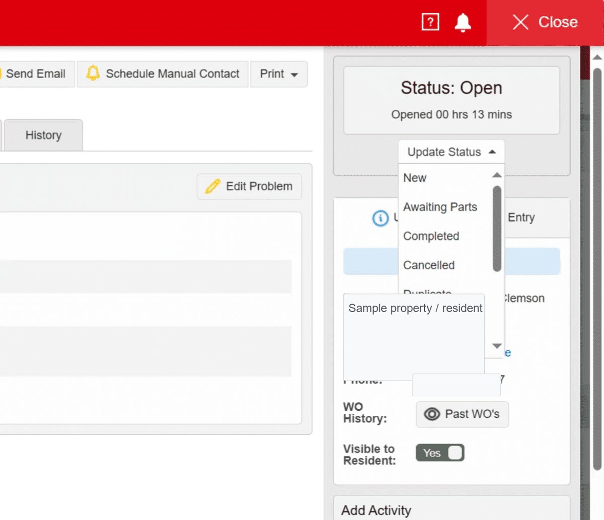 Sanitized Entrata screenshot of work order status choices
